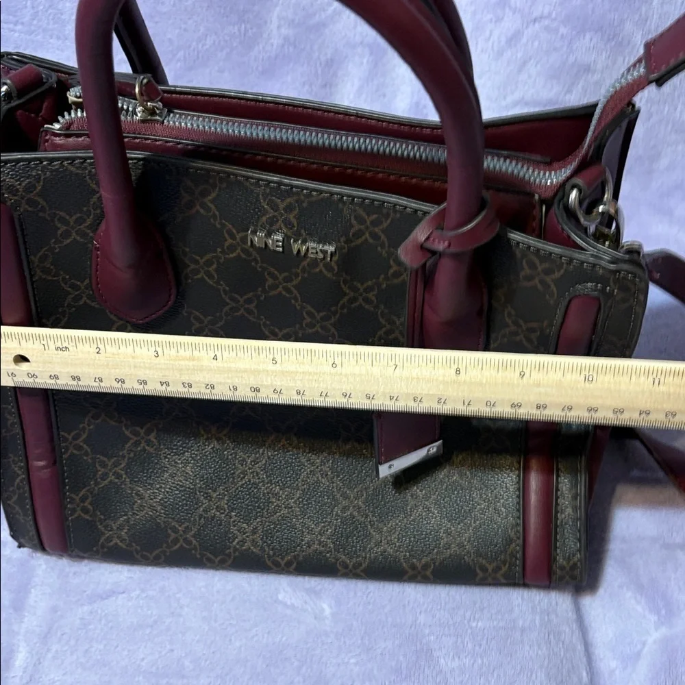 Nine West Burgundy & Brown Monogram Satchel – Faux Leather Crossbody Bag